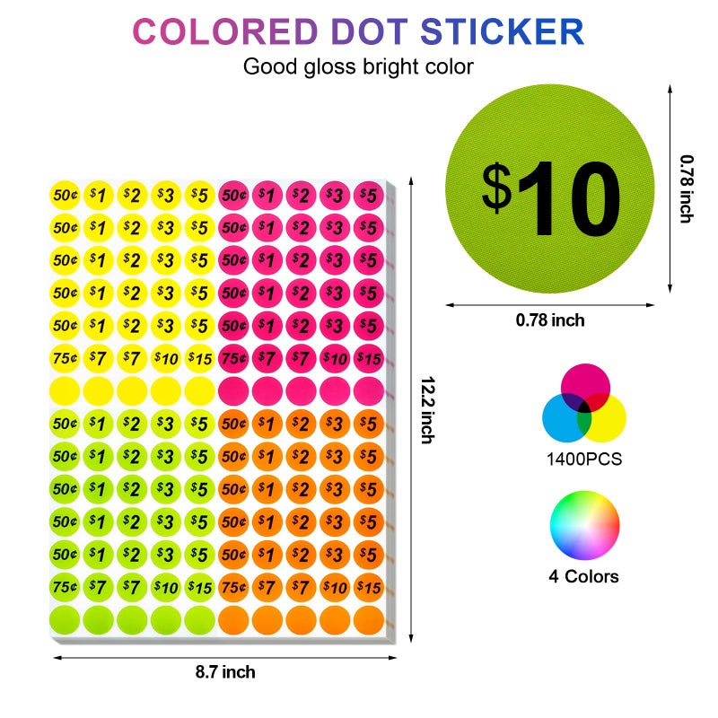 Darfukei Garage Sale Price Stickers  1400 PCS Round Garage Sale Stickers  Price Stickers for Yard Sales  Flea Markets  County Fairs & Retail Use  3/4 Inch Pricemarker Labels  4 Colours Price Tags - Image 2